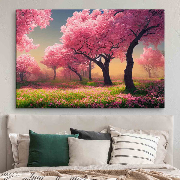 Tableaux Un champ de fleurs roses avec des arbres (UGS : s35703) Tableaux Tableaux Un champ de fleurs roses avec des arbres (UGS : s35703)