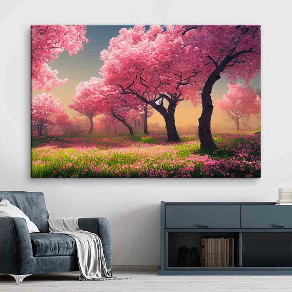 A field of pink flowers with trees A field of pink flowers with trees