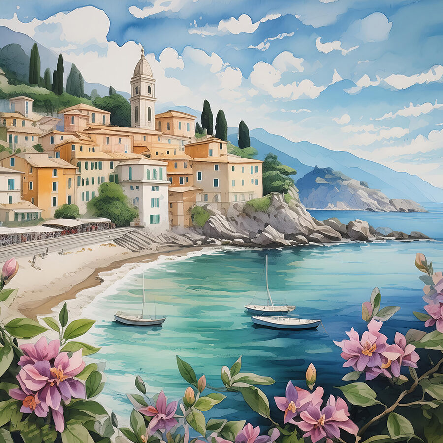 Peinture d'une ville sur une plage avec des bateaux et des fleurs