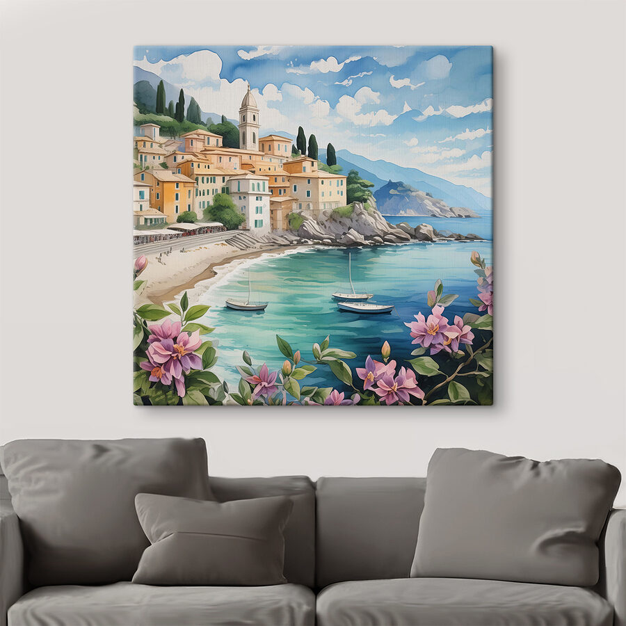 Peinture d'une ville sur une plage avec des bateaux et des fleurs