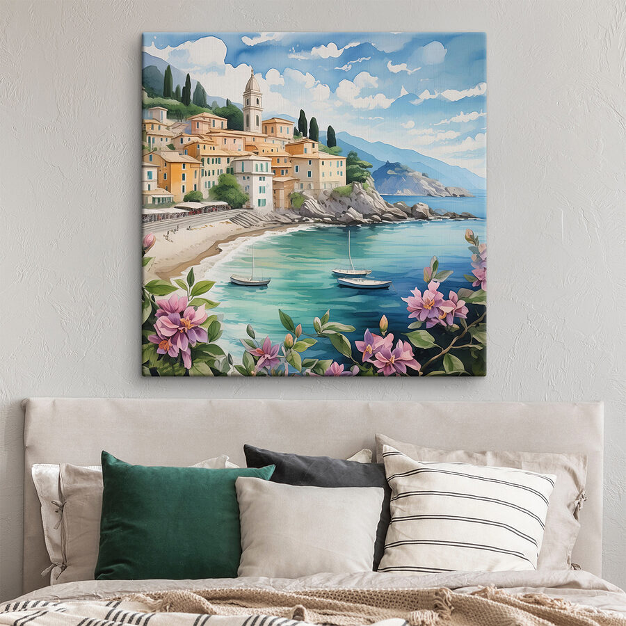 Peinture d'une ville sur une plage avec des bateaux et des fleurs