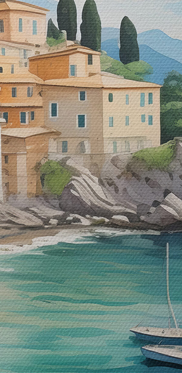 Peinture d'une ville sur une plage avec des bateaux et des fleurs Peinture d'une ville sur une plage avec des bateaux et des fleurs