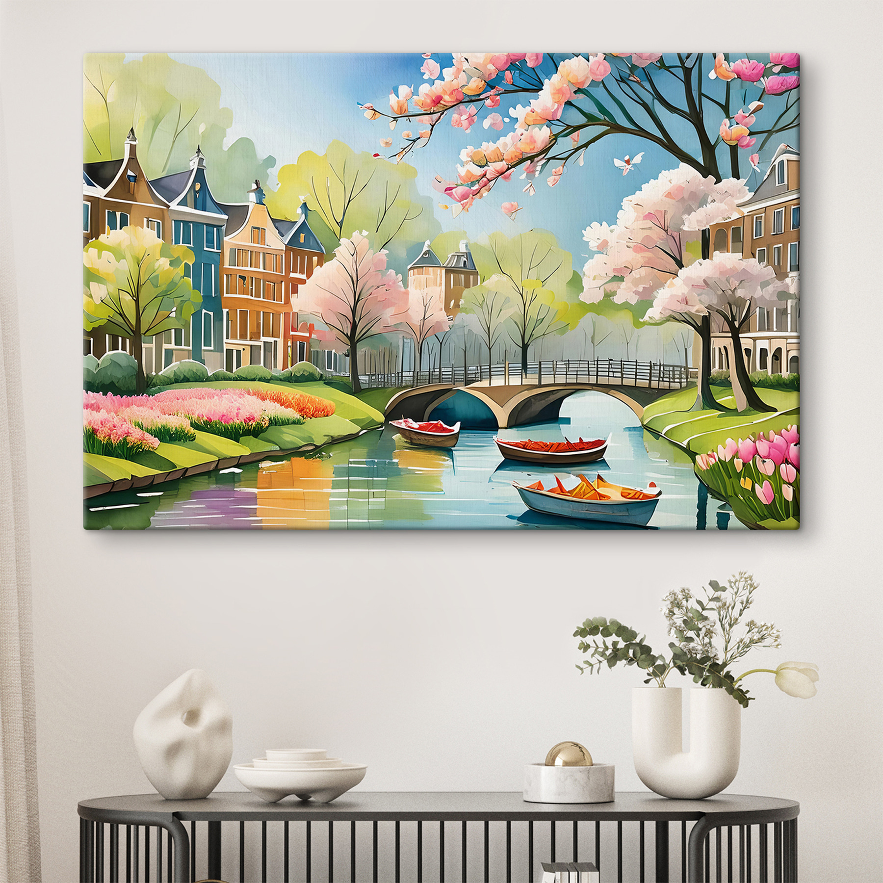 A painting of a river with boats and a bridge and trees