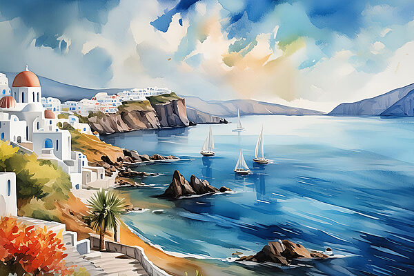 Peinture à l'aquarelle d'une ville sur une falaise Peinture à l'aquarelle d'une ville sur une falaise