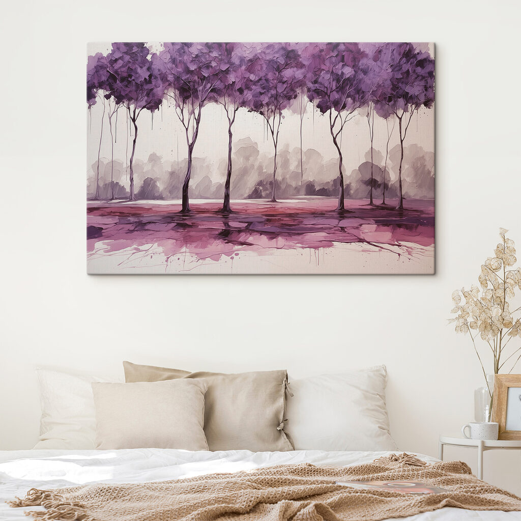 A painting of trees with purple leaves