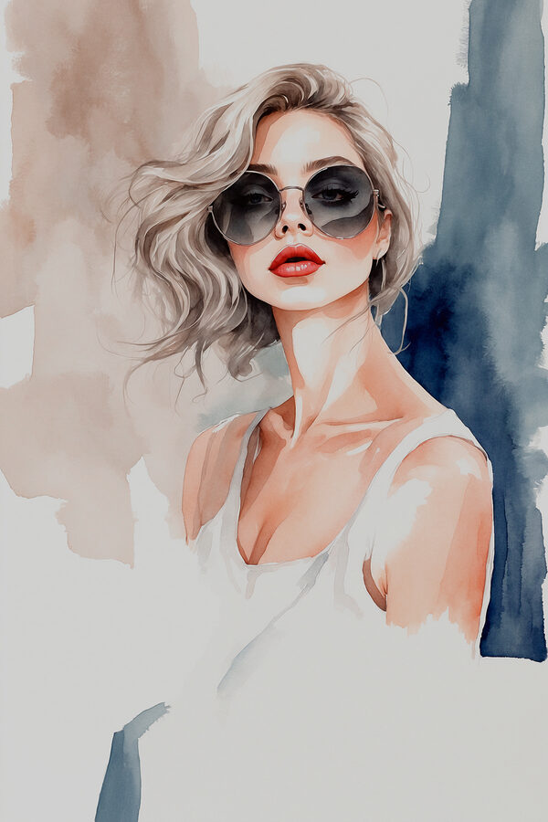 Aquarelle d'une femme portant des lunettes de soleil Aquarelle d'une femme portant des lunettes de soleil