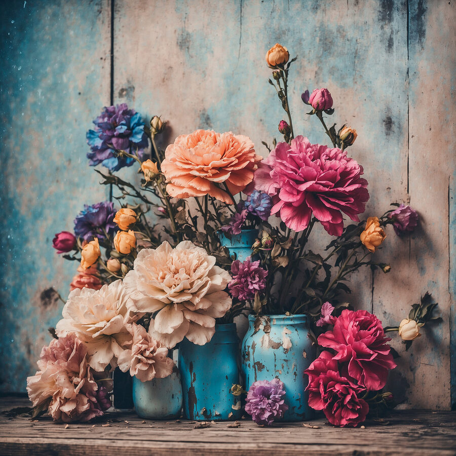 Groupe de fleurs colorées dans des vases bleus