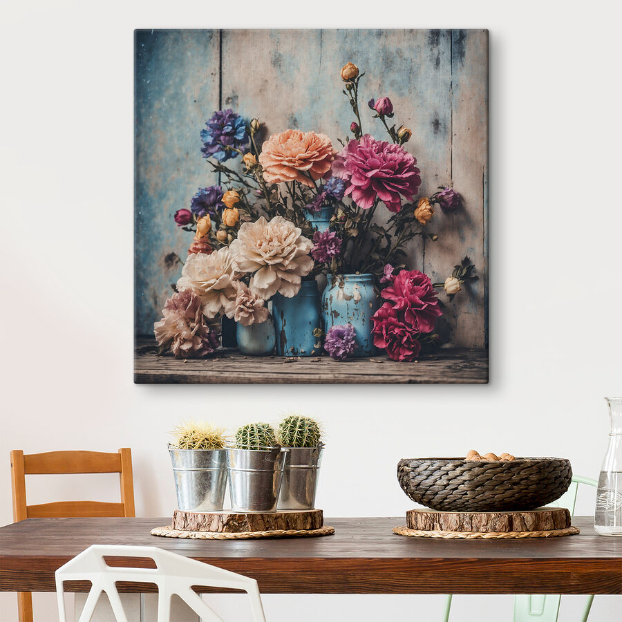 Groupe de fleurs colorées dans des vases bleus