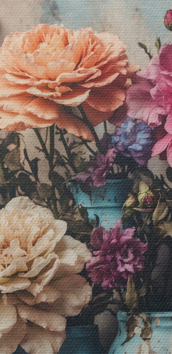 Groupe de fleurs colorées dans des vases bleus Groupe de fleurs colorées dans des vases bleus