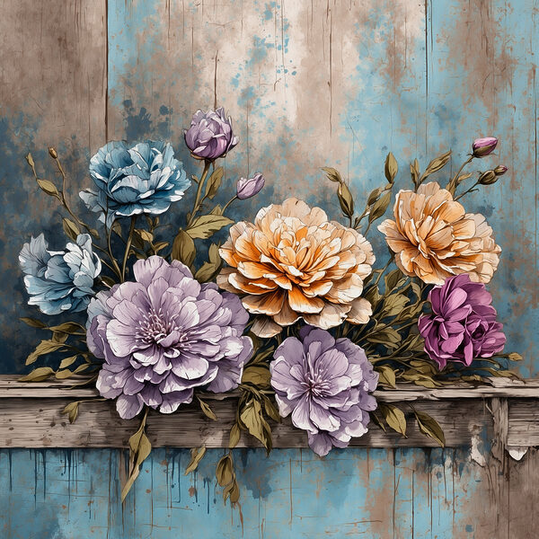 Une peinture de fleurs sur un rebord de bois Une peinture de fleurs sur un rebord de bois
