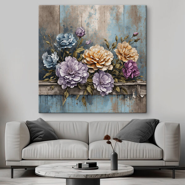 Une peinture de fleurs sur un rebord de bois Une peinture de fleurs sur un rebord de bois