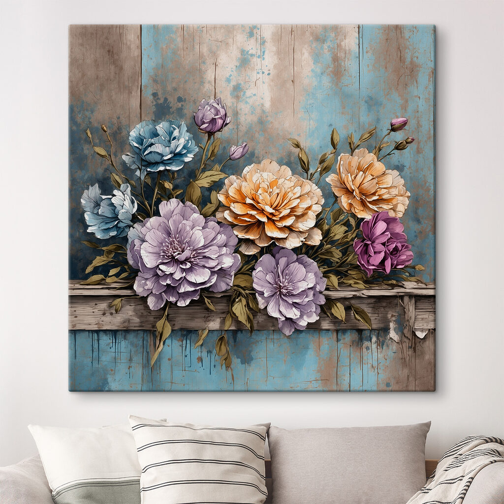 A painting of flowers on a wood ledge
