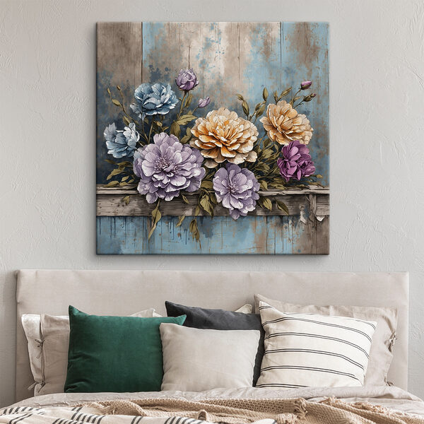 Une peinture de fleurs sur un rebord de bois Une peinture de fleurs sur un rebord de bois
