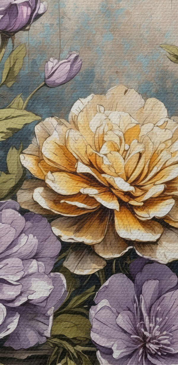 Une peinture de fleurs sur un rebord de bois Une peinture de fleurs sur un rebord de bois