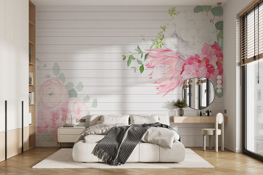 Fleurs blanches et roses sur fond blanc