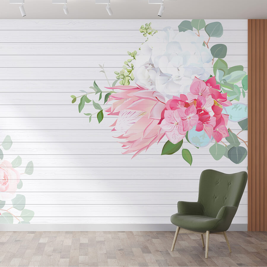 Fleurs blanches et roses sur fond blanc
