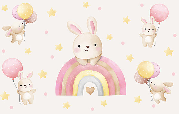 Un lapin de dessin animé sur un arc-en-ciel Un lapin de dessin animé sur un arc-en-ciel