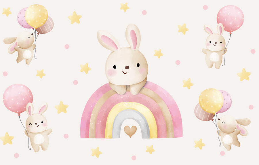 Un lapin de dessin animé sur un arc-en-ciel Un lapin de dessin animé sur un arc-en-ciel