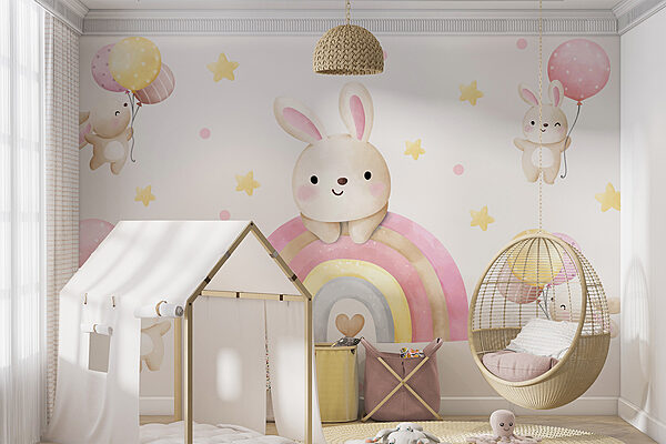Un lapin de dessin animé sur un arc-en-ciel Un lapin de dessin animé sur un arc-en-ciel
