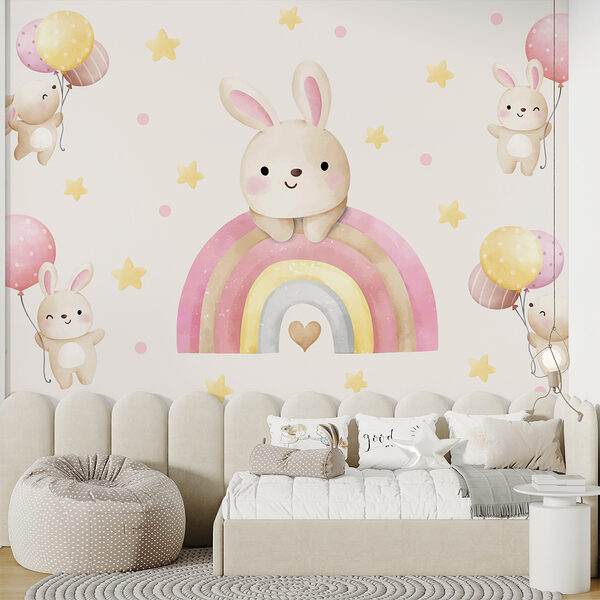 Un lapin de dessin animé sur un arc-en-ciel Un lapin de dessin animé sur un arc-en-ciel