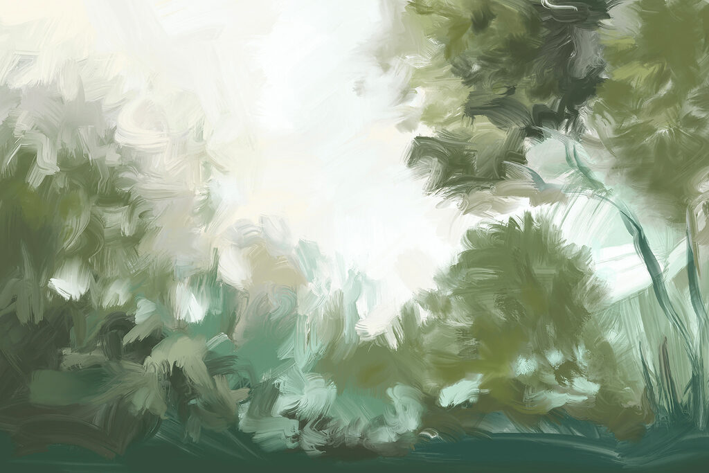 Une peinture d'arbres et de buissons Une peinture d'arbres et de buissons