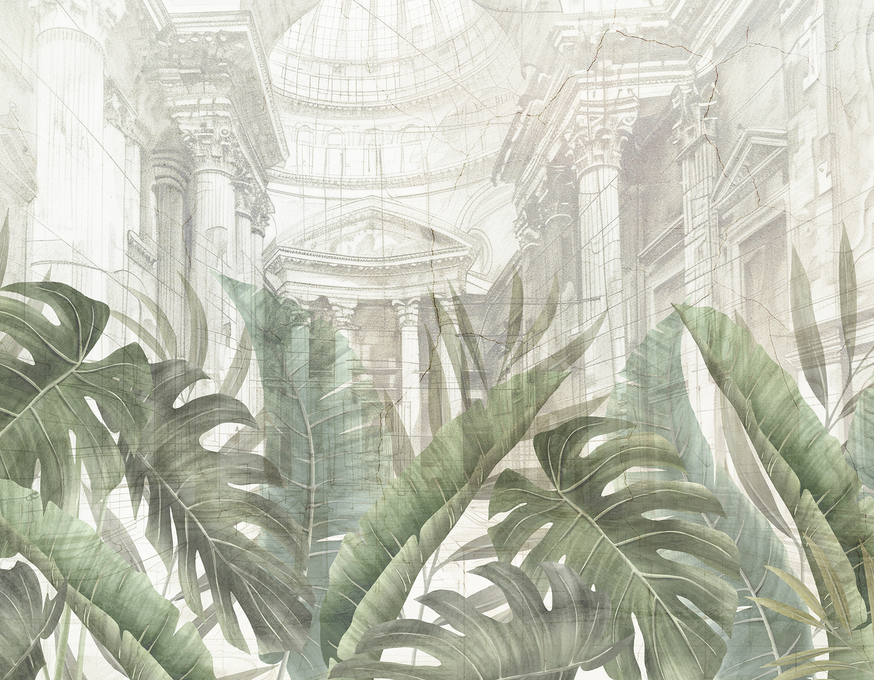 A painting of a building with a large leaf A painting of a building with a large leaf