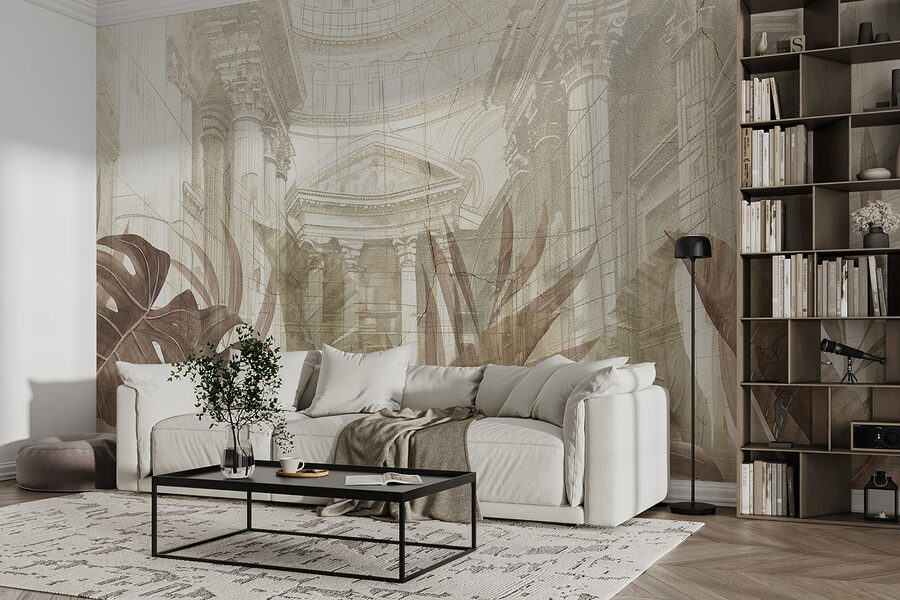 Peinture de feuilles et d'un bâtiment