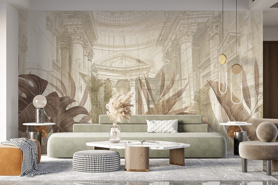 Peinture de feuilles et d'un bâtiment