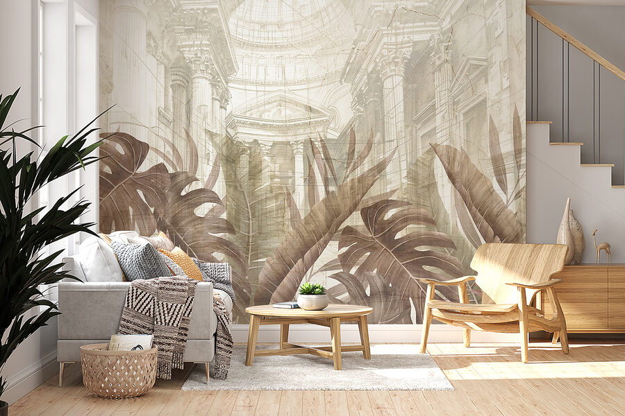Peinture de feuilles et d'un bâtiment