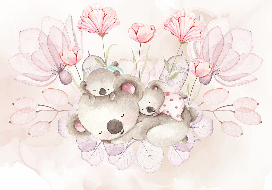 Illustration à l'aquarelle d'un couple de koalas et de fleurs
