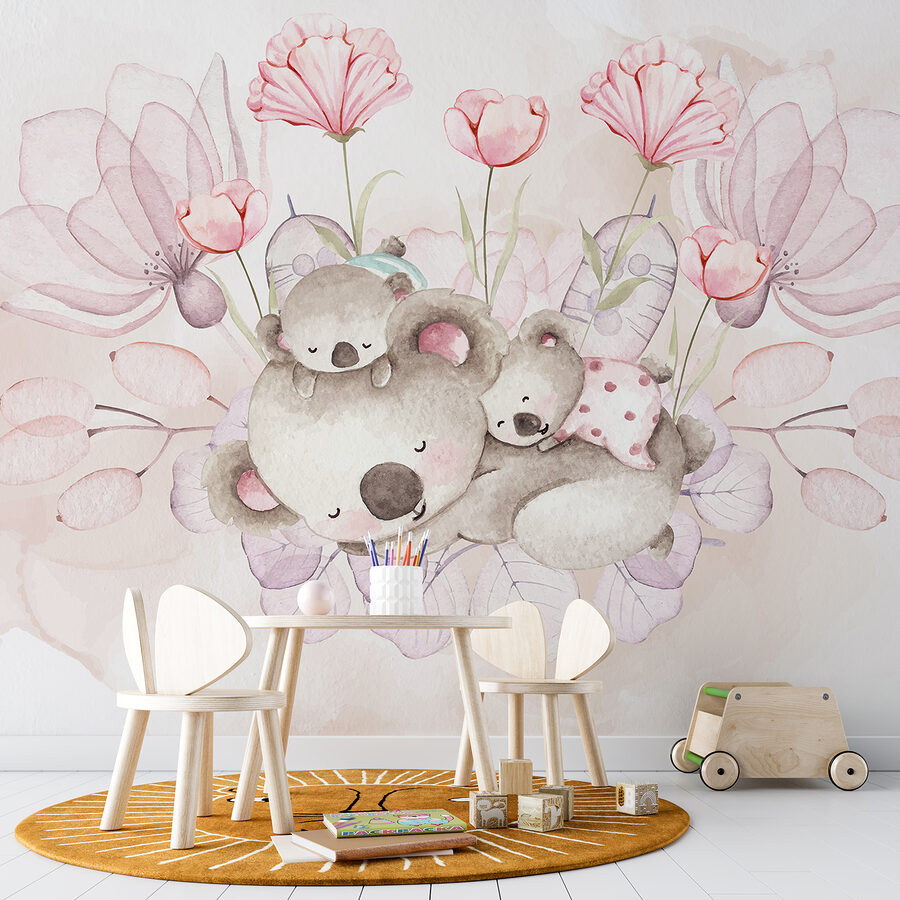 Illustration à l'aquarelle d'un couple de koalas et de fleurs