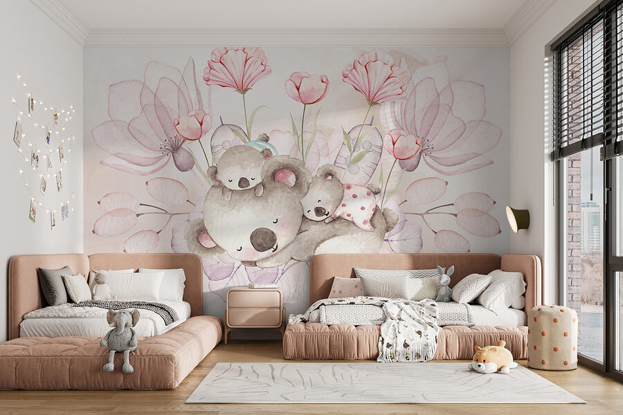 Illustration à l'aquarelle d'un couple de koalas et de fleurs
