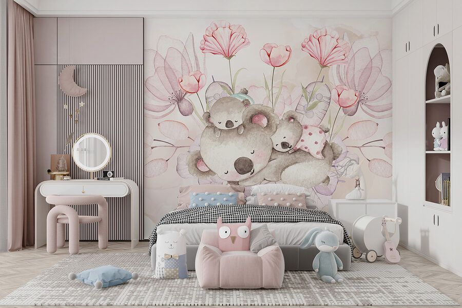 Illustration à l'aquarelle d'un couple de koalas et de fleurs