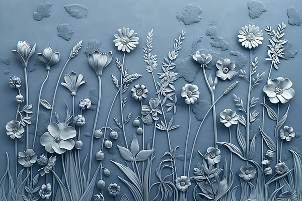 Un mur gris avec des fleurs et des feuilles Un mur gris avec des fleurs et des feuilles