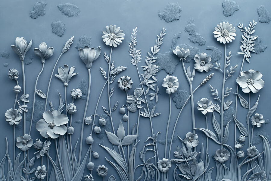 Un mur gris avec des fleurs et des feuilles Un mur gris avec des fleurs et des feuilles