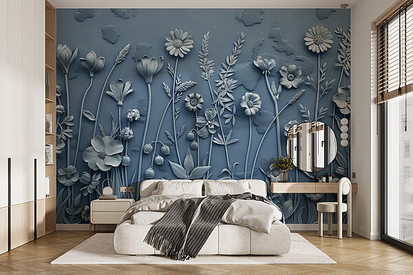 Un mur gris avec des fleurs et des feuilles Un mur gris avec des fleurs et des feuilles