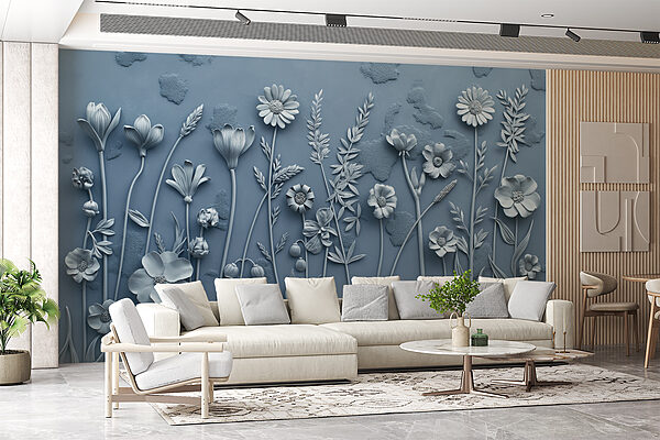 Un mur gris avec des fleurs et des feuilles Un mur gris avec des fleurs et des feuilles