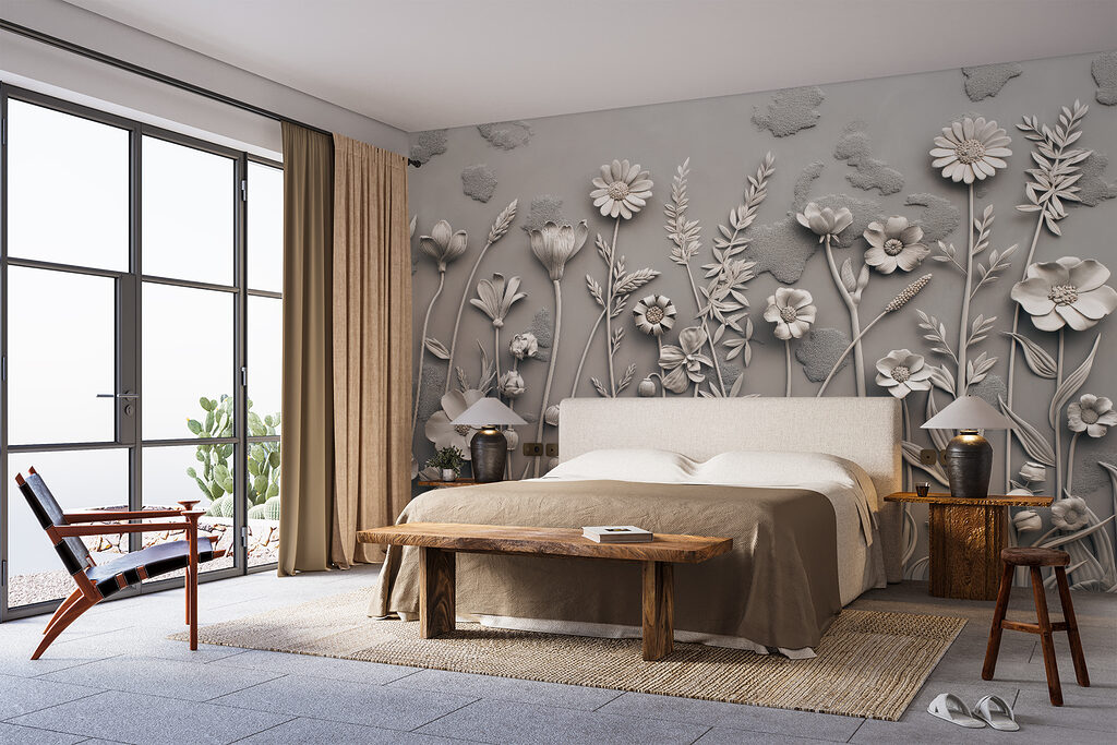 A wall art with flowers and plants