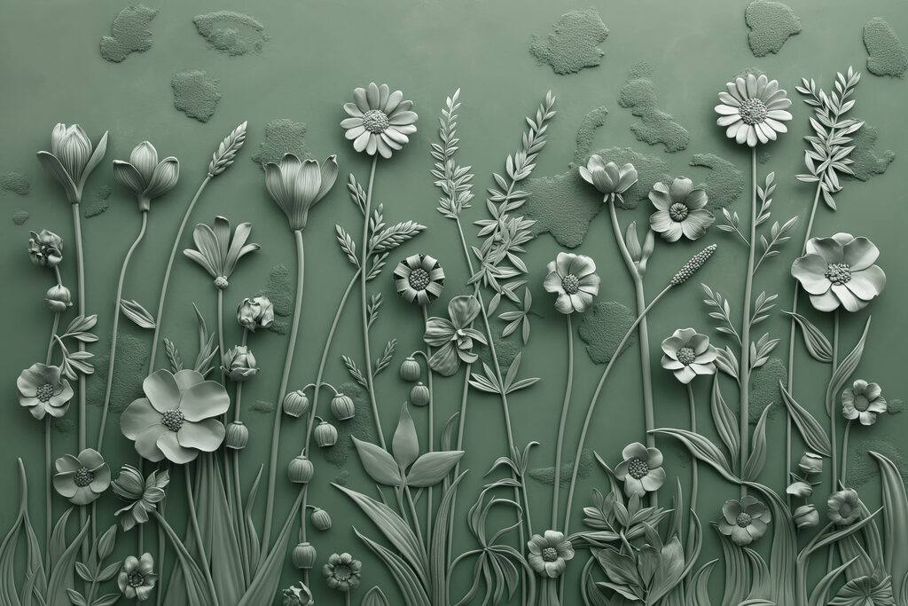Une sculpture grise de fleurs et de plantes Une sculpture grise de fleurs et de plantes