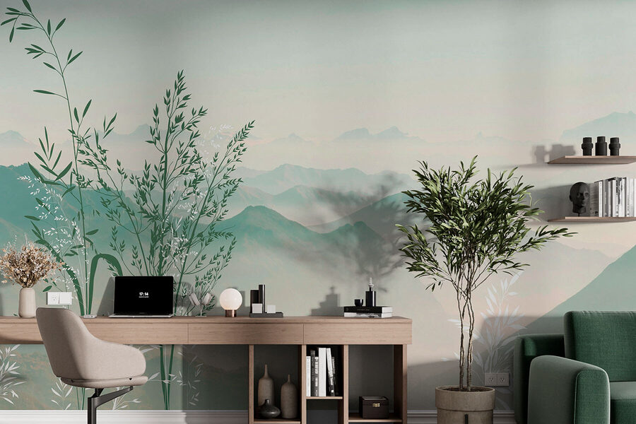 Un paysage avec des montagnes et des arbres