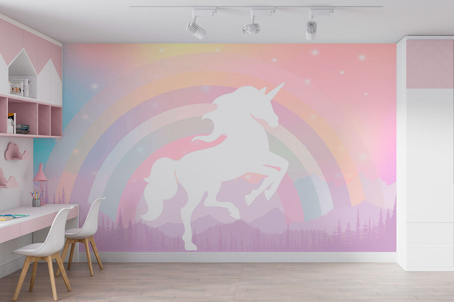 Papier peint Une licorne avec un arc-en-ciel et des montagnes