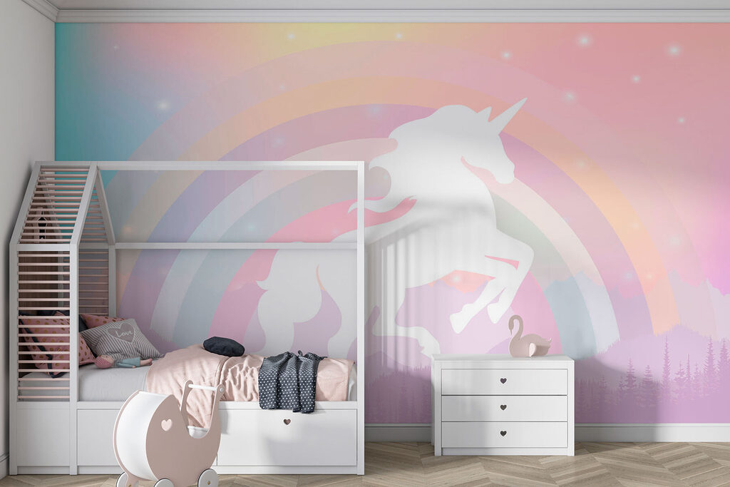 A unicorn with a rainbow and mountains A unicorn with a rainbow and mountains