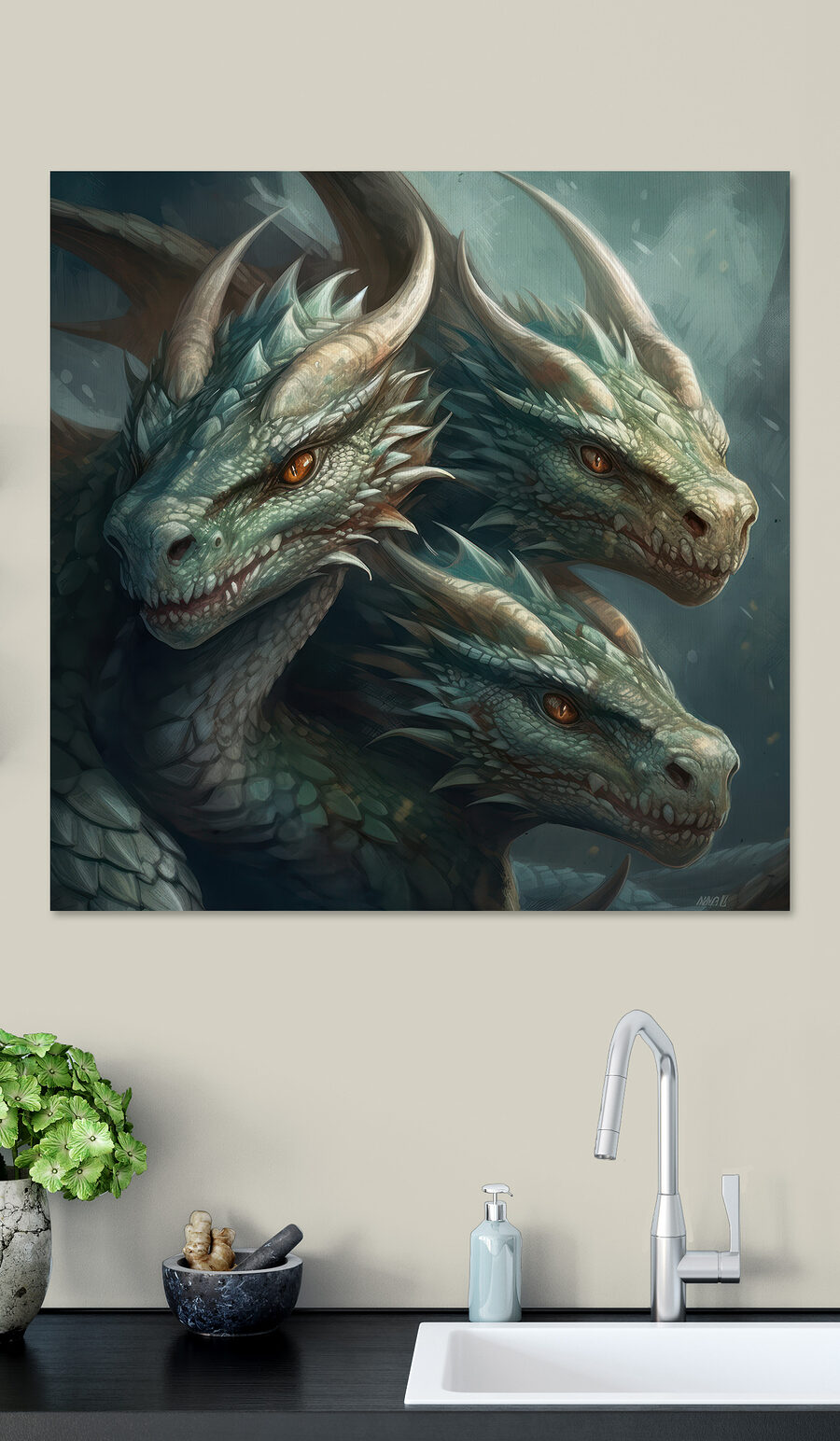 Un groupe de dragons aux cornes pointues et acérées Un groupe de dragons aux cornes pointues et acérées