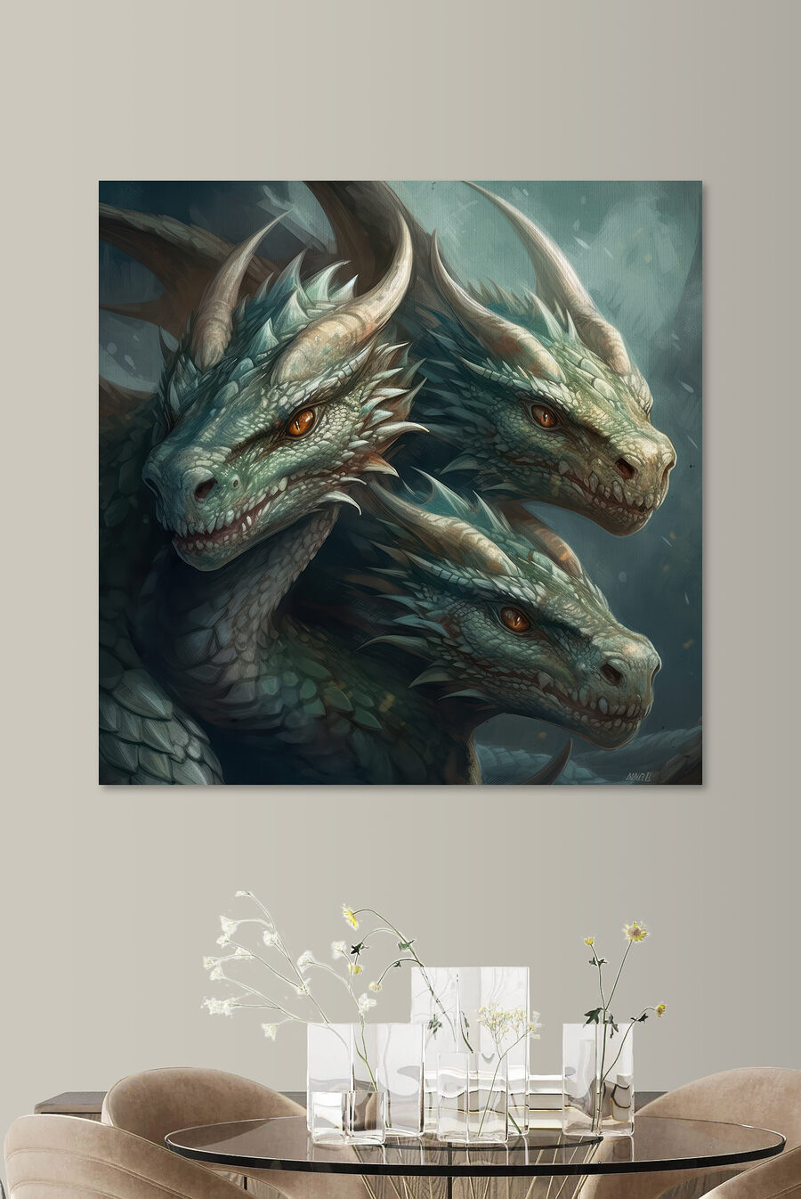 Un groupe de dragons aux cornes pointues et acérées Un groupe de dragons aux cornes pointues et acérées