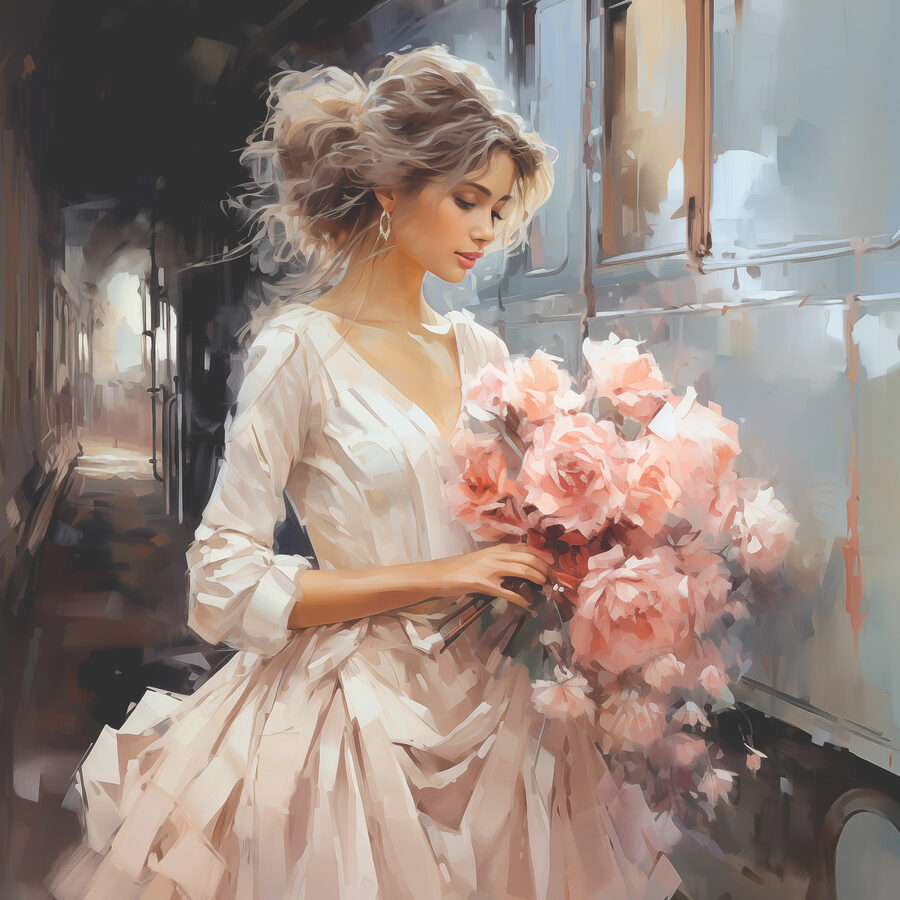 Une femme tenant des fleurs dans un train