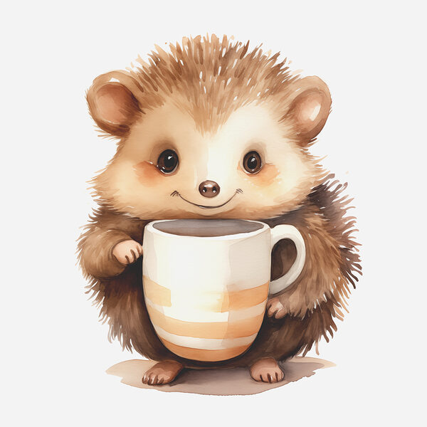 Une aquarelle d'un hérisson tenant une tasse Une aquarelle d'un hérisson tenant une tasse