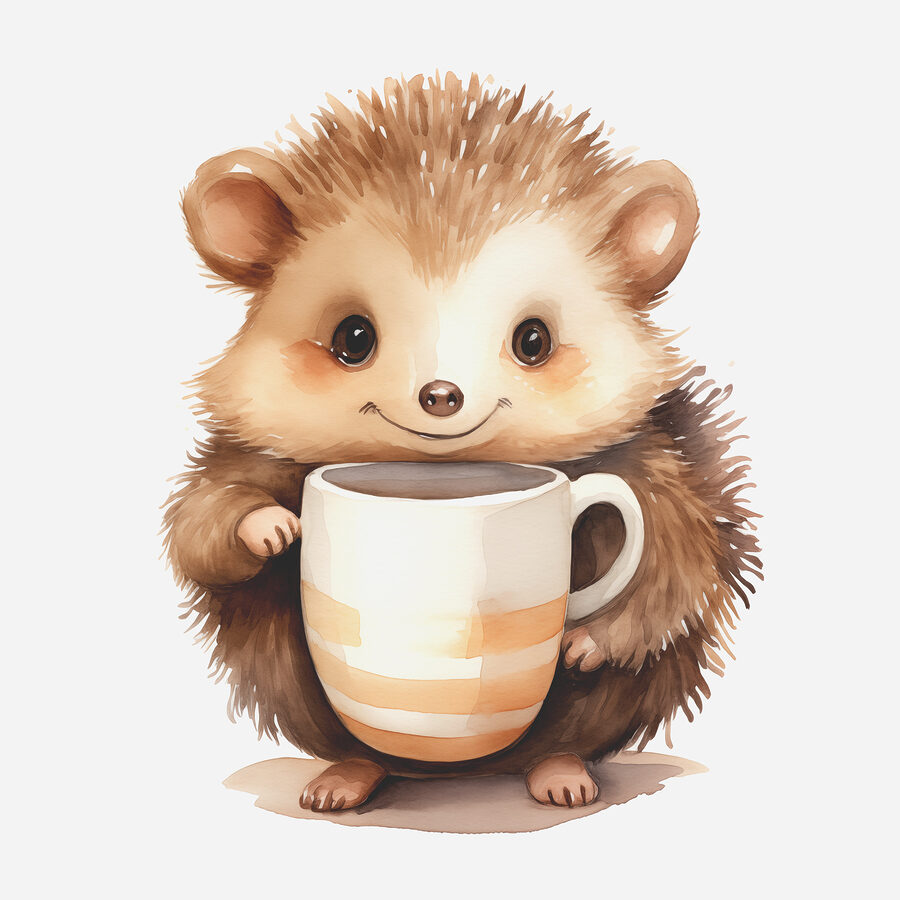 Une aquarelle d'un hérisson tenant une tasse
