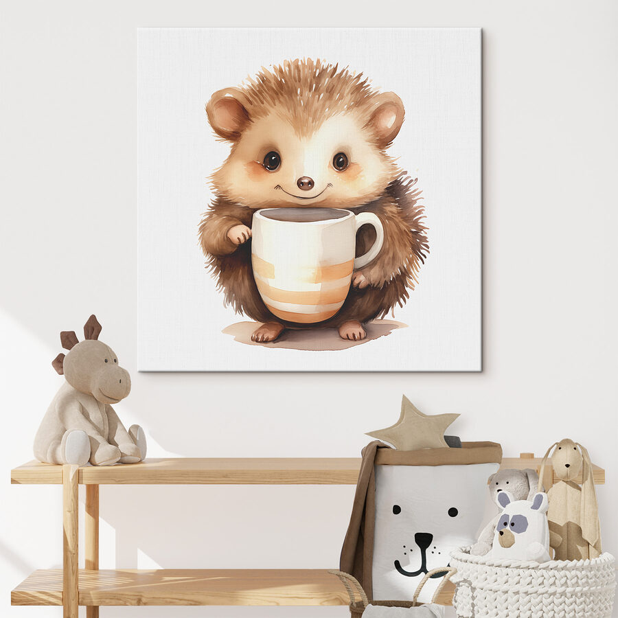 Une aquarelle d'un hérisson tenant une tasse