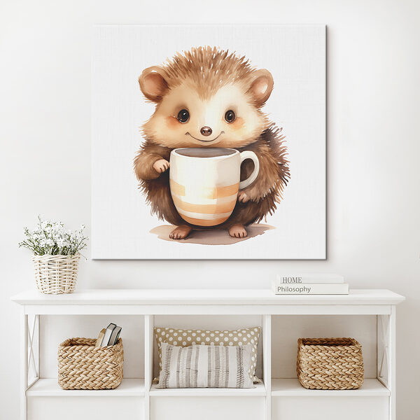 Une aquarelle d'un hérisson tenant une tasse Une aquarelle d'un hérisson tenant une tasse