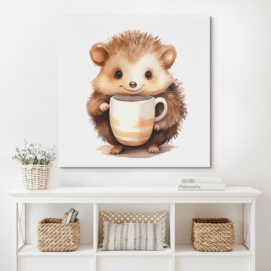 Une aquarelle d'un hérisson tenant une tasse